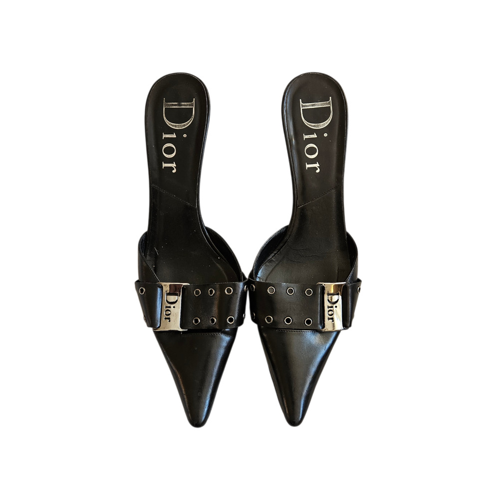 Y2k Dior Heels by John Galliano Pointed Toe Black Leather Mules - Size 38 - Picture 8 of 11
